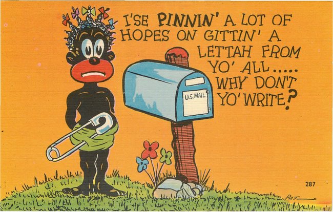 Black Americana Postcard - Black baby waiting at mailbox