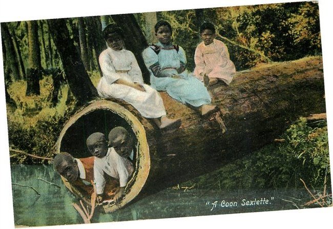 Black Americana Postcard "A Coon Sexteete" Black Children on log