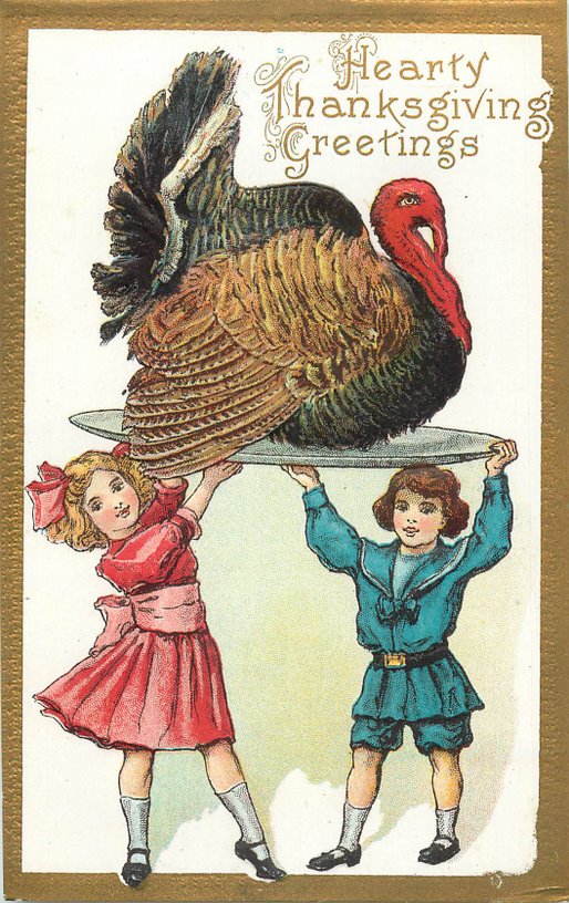 Hearty Thanksgiving Greetings Postcard-Children holding platter