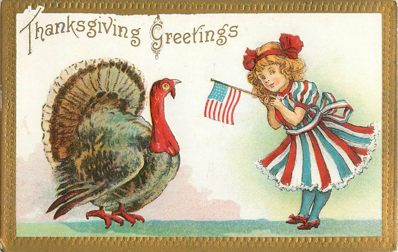 Thanksgiving Greetings Postcard - Girl with Turkey - Click Image to Close