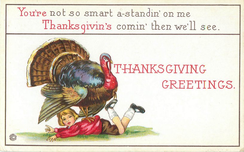 Thanksgiving Greetings Postcard - Turkey standing on boy's back.