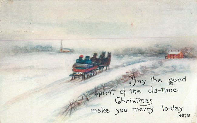 "good spirit of old-time Christmas" People on horsedrawn sleigh
