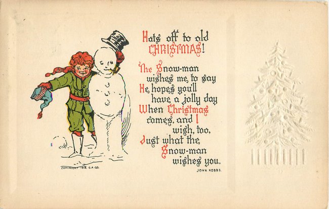 "Hats off to old Christmas". Boy and snowman (copy 2)