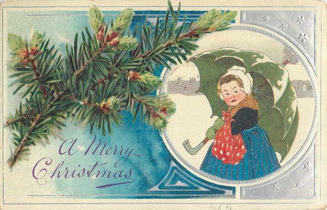 Christmas Postcard -- woman with umbrella & sack.