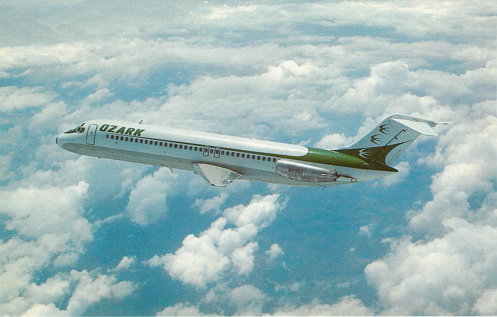 Ozark Airlines Postcard Green and White Plane