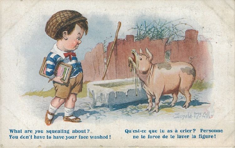 Boy and Pig with Muddy Face - "What are you squealing about?"