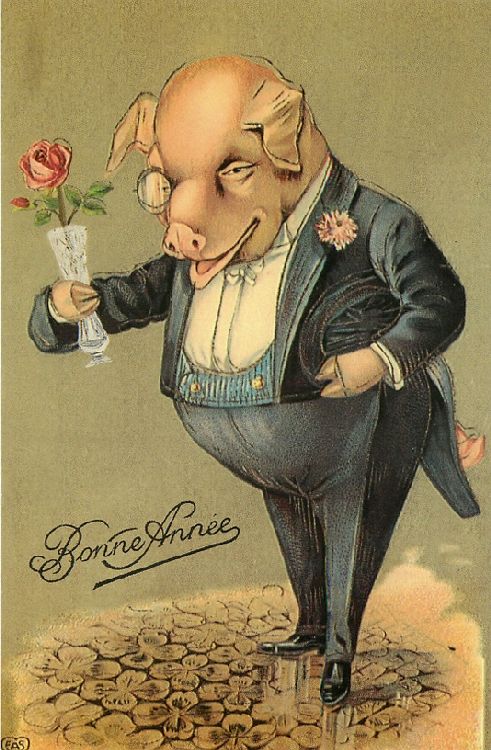 Bonne Annee - Pig Dressed as Gentleman Holding Rose in Vase