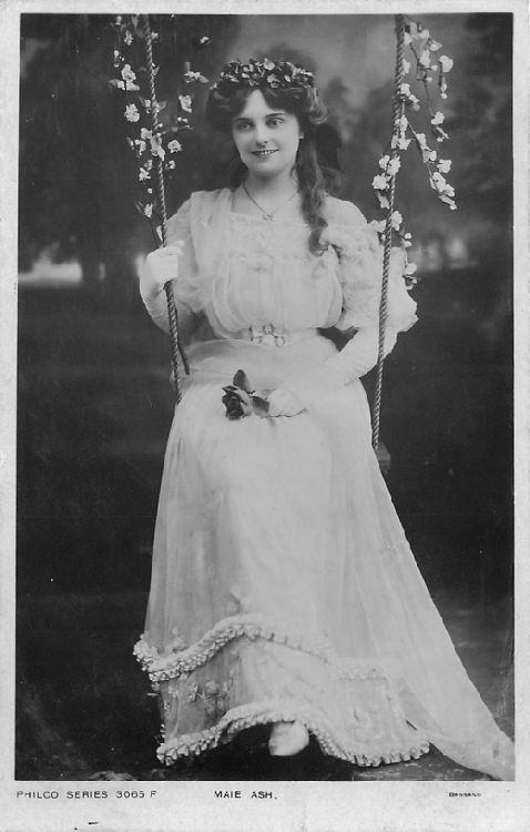 Maie Ash Sitting on Swing with Flowers - No. 3065 F Postcard