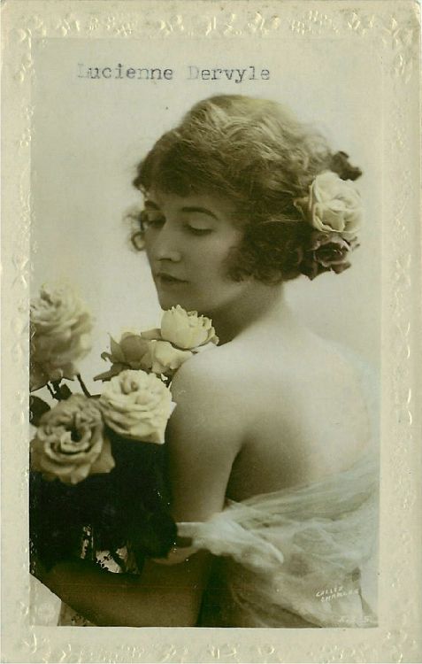Lucienne Dervyle with Roses in Arms and Hair Postcard
