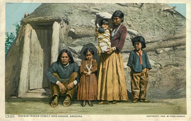 Navajo Indian Family and Hogan Arizona Postcard