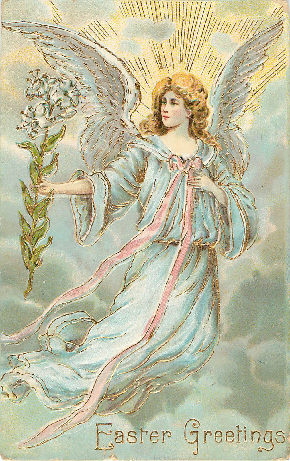 Easter Greetings - Angel with sunrays and flowers