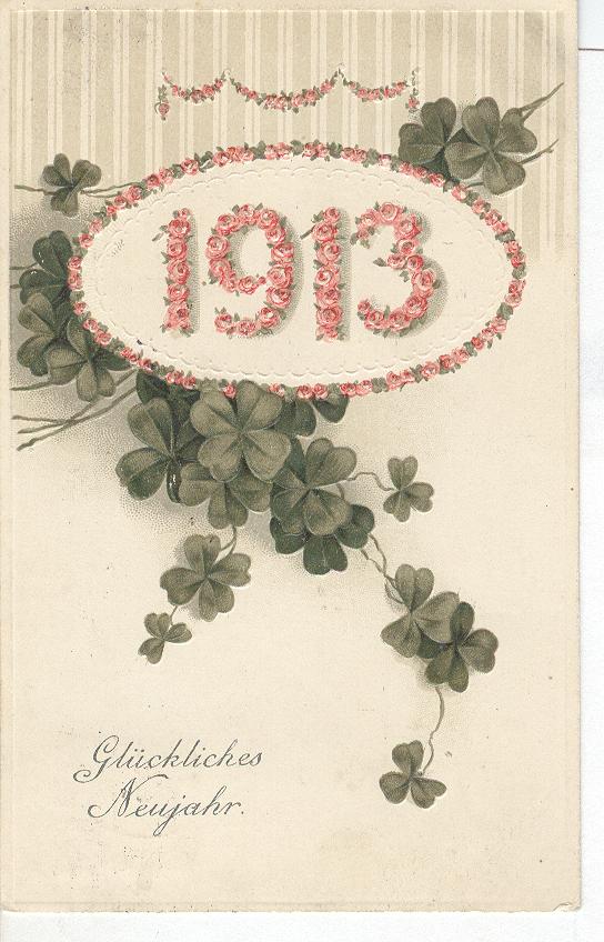 1913 Pink Flowered and Green Clovered New Year Postcard