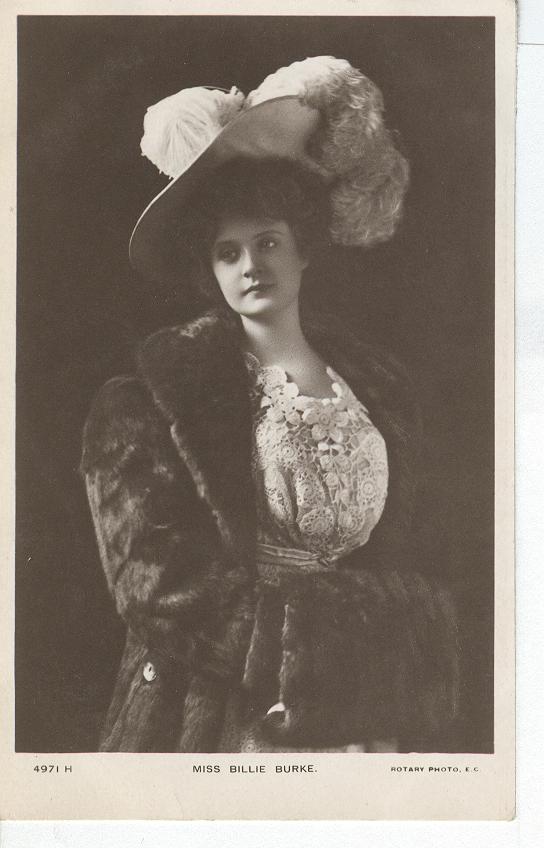 Miss Billie Burke, wearing a large hat & a fur coat Postcard