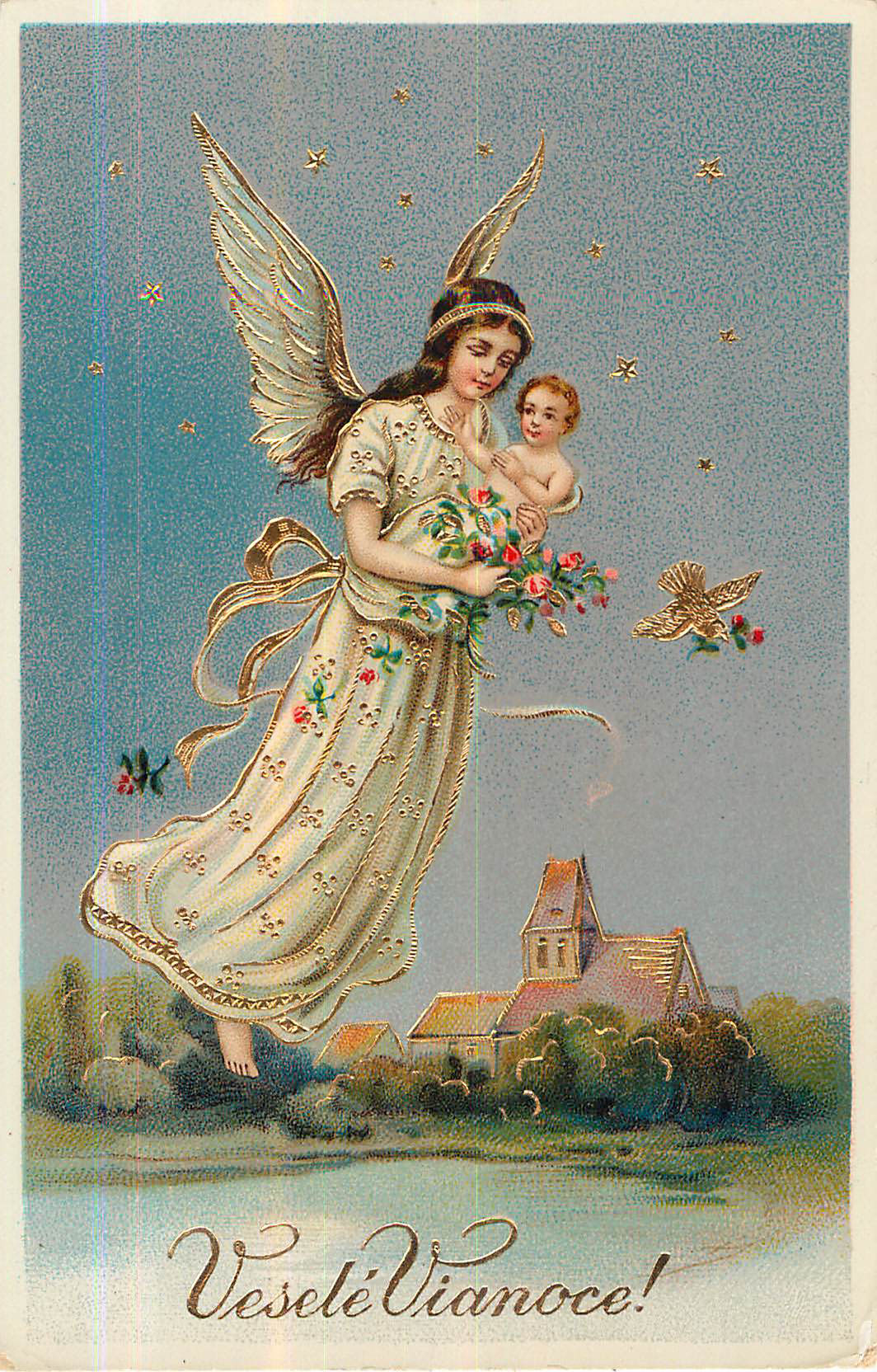 Vesele Vianoce! Angel holding small child, house in background