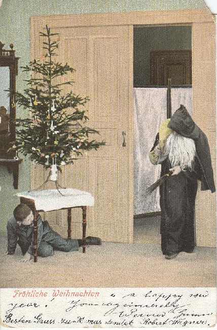 Christmas Postcard -GERMAN Frohliche Weihnachten Boy Under Table