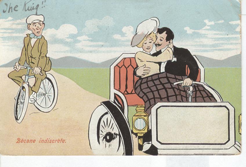Comic Postcard Showing Two Lovers in Car and Man on Bike