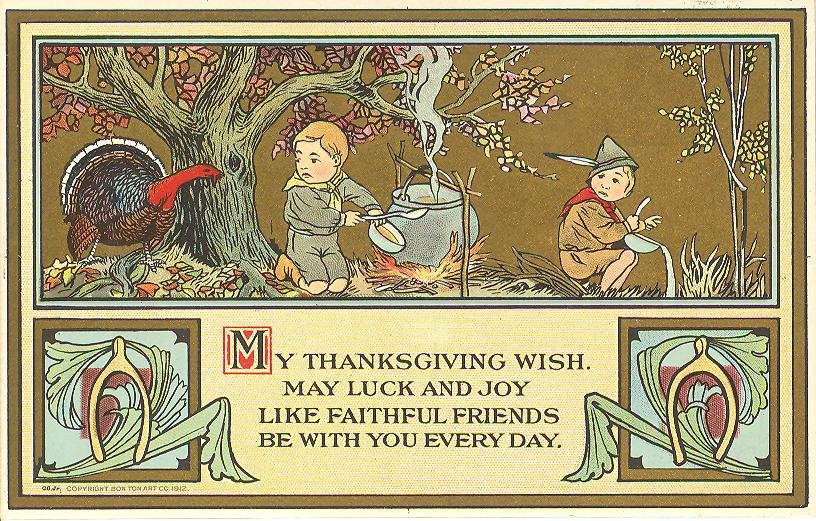 Thanksgiving Postcard Children & Turkey